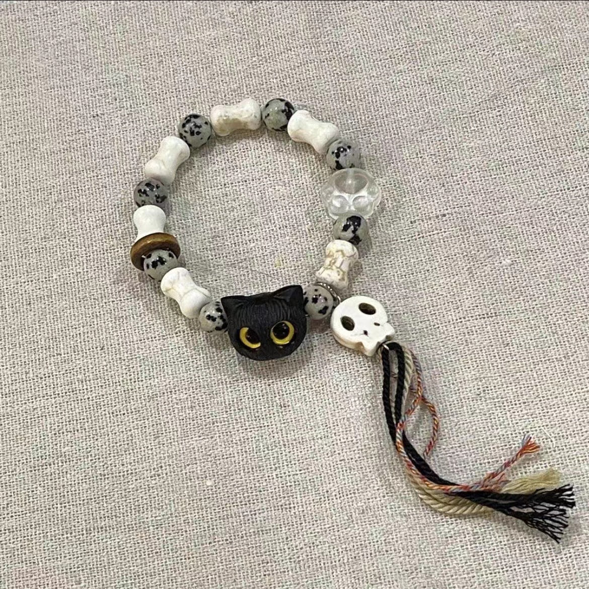 Women's Natural Stone Skeleton Cat Microphone Head Cartoon Porcelain For Bracelets