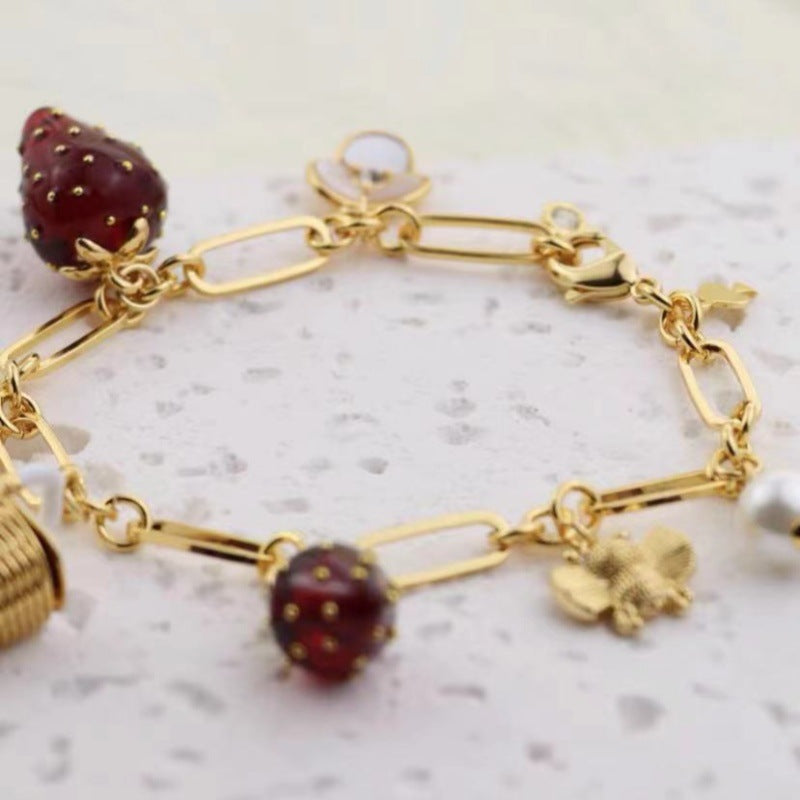 Women's Resin Strawberry Pearl Small Basket Bee Bracelets