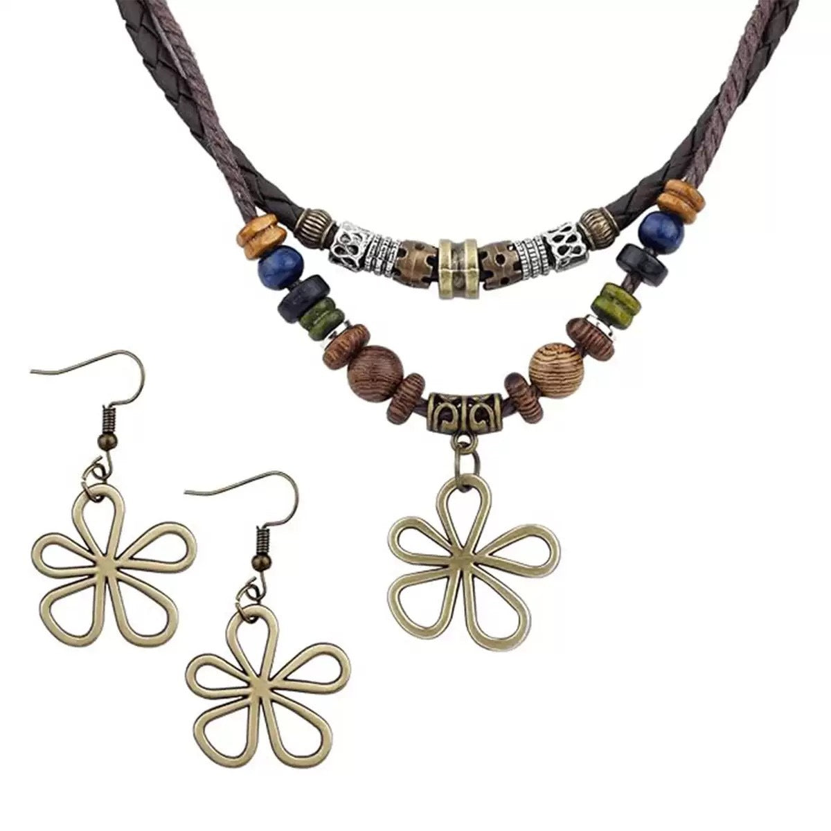 Vintage Ethnic Style Wooden Bead Beaded Flower Bronze Sweater Pendants