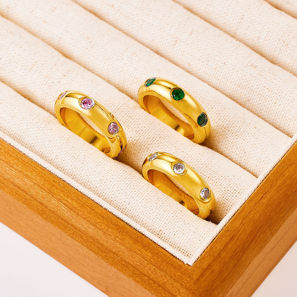 Stainless Steel Diamond Arc Vintage Emerald Inlaid Rings