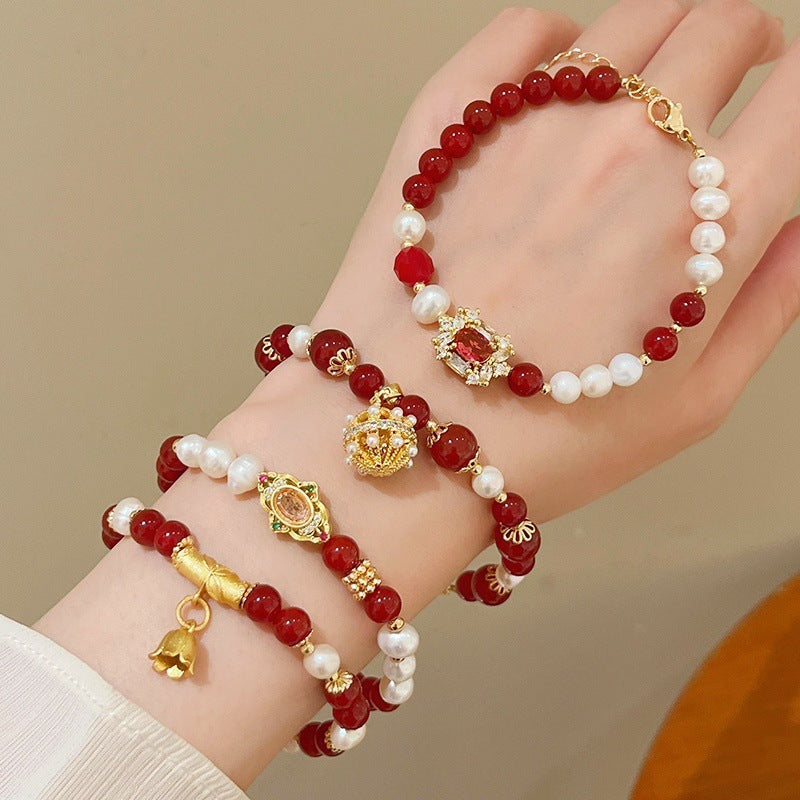 Women's Natural Freshwater Pearl Red Agate Square Bracelets