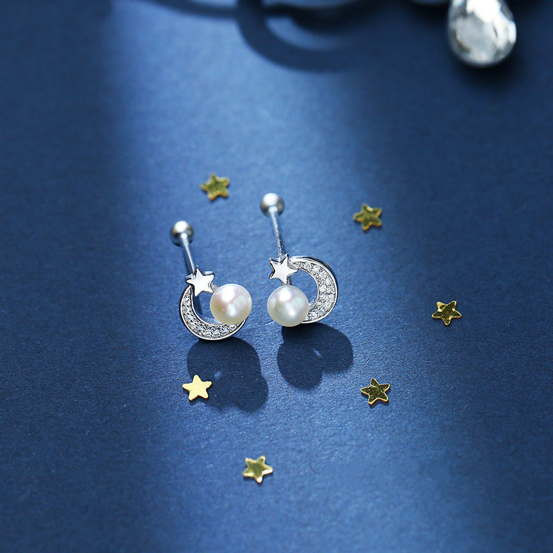Women's Sterling Sier Small Star Moon Ear Simple Stud Earrings