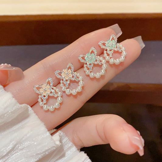 Sweet Thick Sier Zircon Butterfly Pearl Hoop Rings