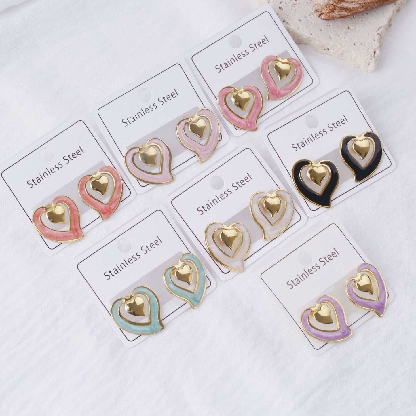 Stainless Steel Color Texture Dripping Oil Love Heart Earrings