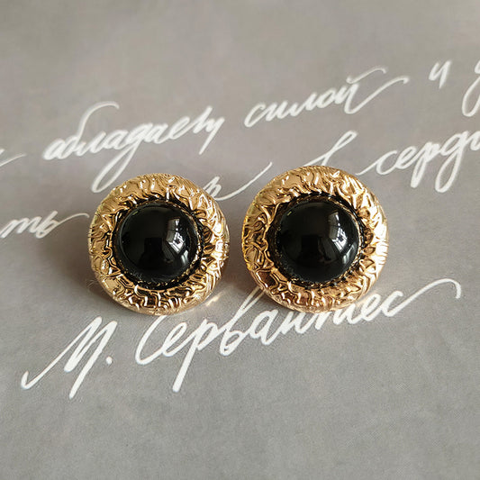 Embossed Round Black Sier Needle Simple National Earrings