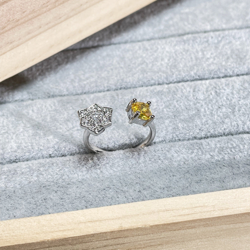 Luxury High-grade Yellow Diamond Rose Cube Candy Open Female Rings