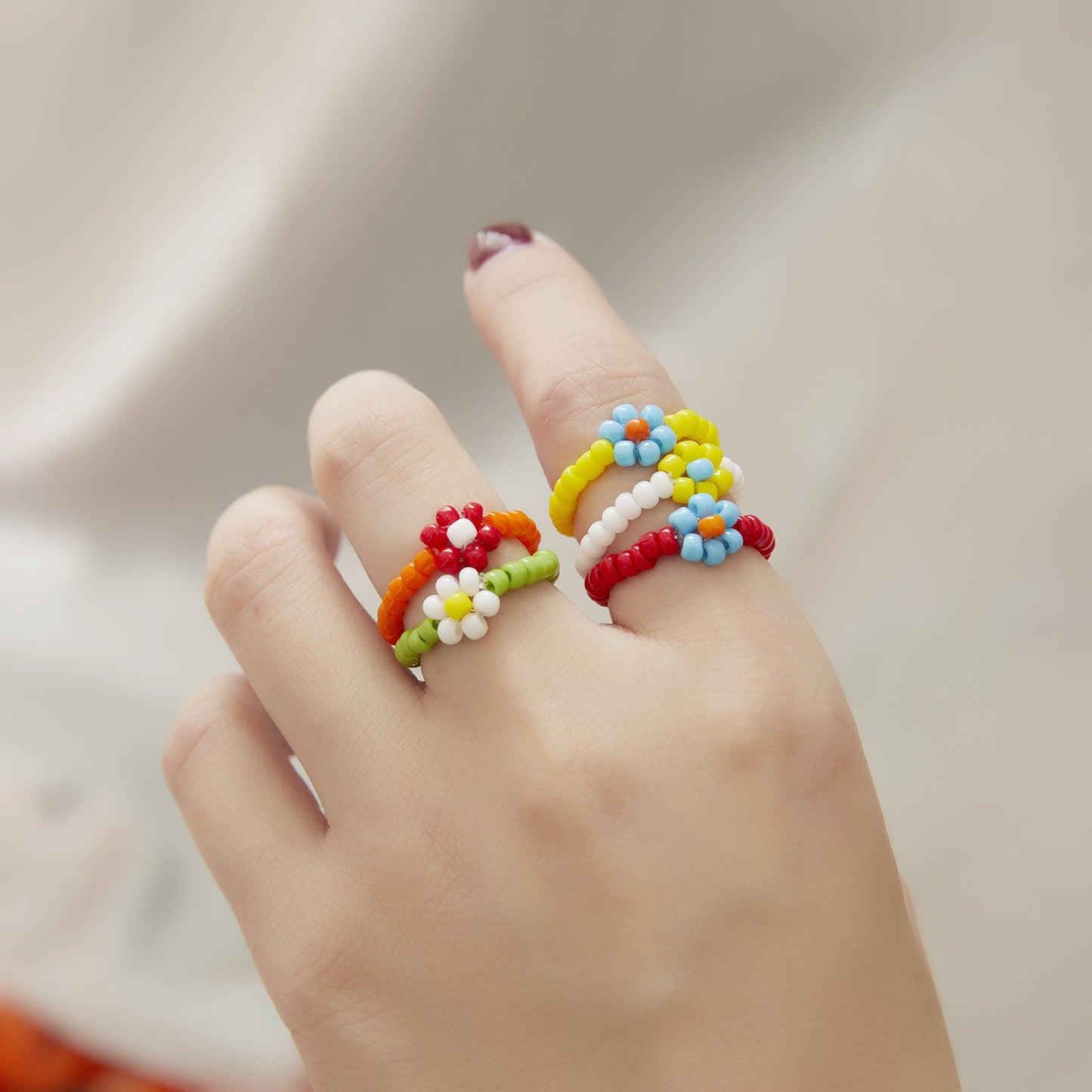 Women's Handmade Bead Flower Colored Woven Small Rings