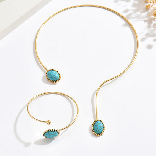 Metal Oval Turquoise Irregular Collar Retro Minority Design Jewelry Set