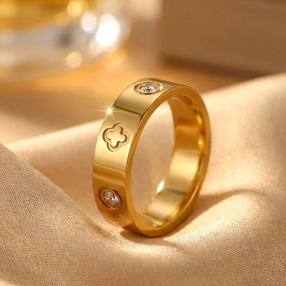 Waterproof Titanium Steel Diamond Four-leaf Clover High Ring