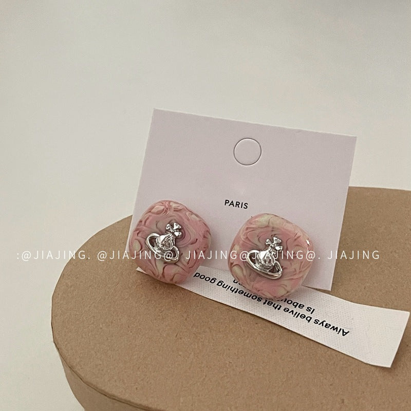 Light Luxury Saturn Drip Glazed High-grade Temperament Personality Sier Earrings