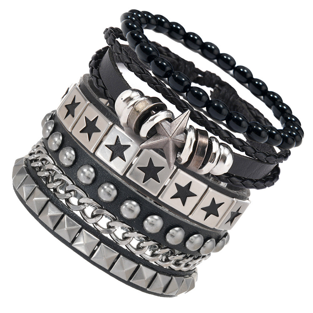 Men's Fashion Width Leather Domineering Personalized Alloy Five-pointed Bracelet