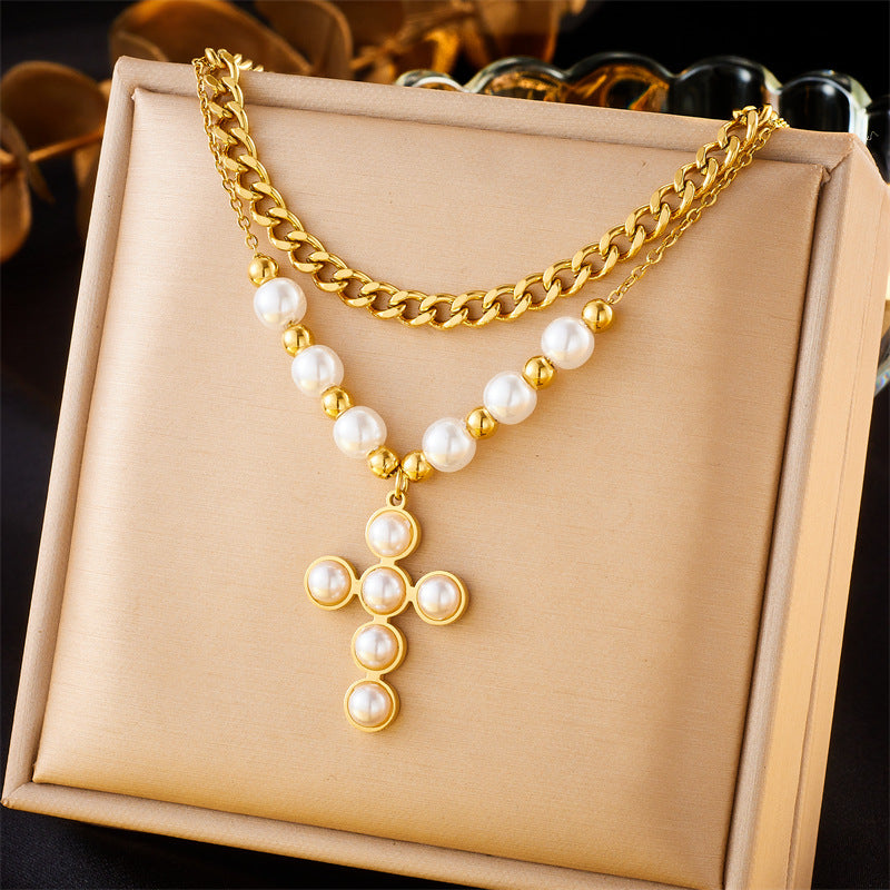 Retro Inlaid Pearl Heart Cross Eyes Pendants