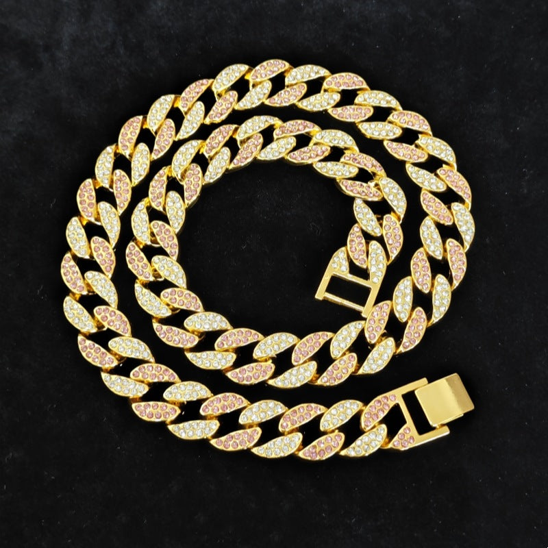 Gold Ornament Hip Hop Flat Leaves Two-tone Pink Cuban Necklaces