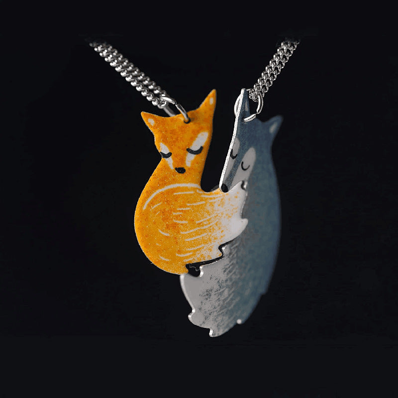 Creative Stainless Steel Fox Hug Big Gray Wolf Necklaces