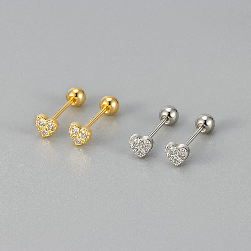 Love Screw Twist Heart-shaped Korean Style Micro Zircon Female Stud Earrings