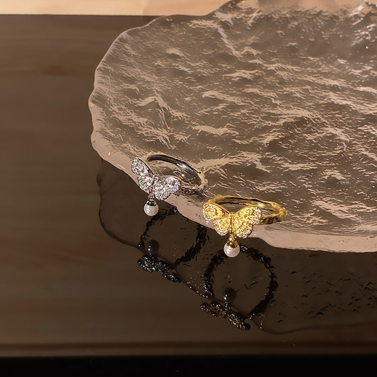 Retro Affordable Luxury Butterfly Pearl High-grade Open Niche Rings