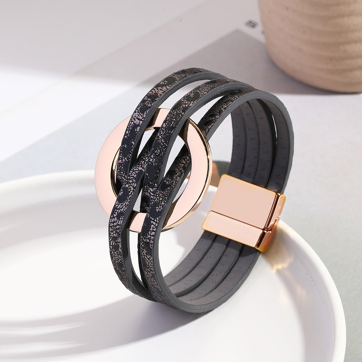 Women's Cross Leather Metal Big Cuff Bangle Rings