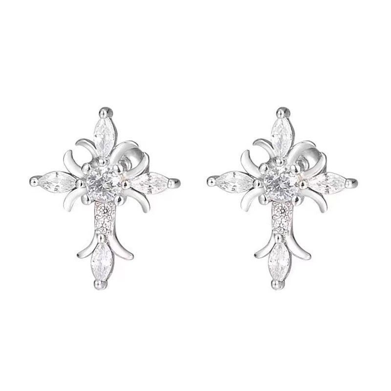 Cool Dark Style Zircon Cross Ear Bone Design Flower-de-luce Stud Earrings