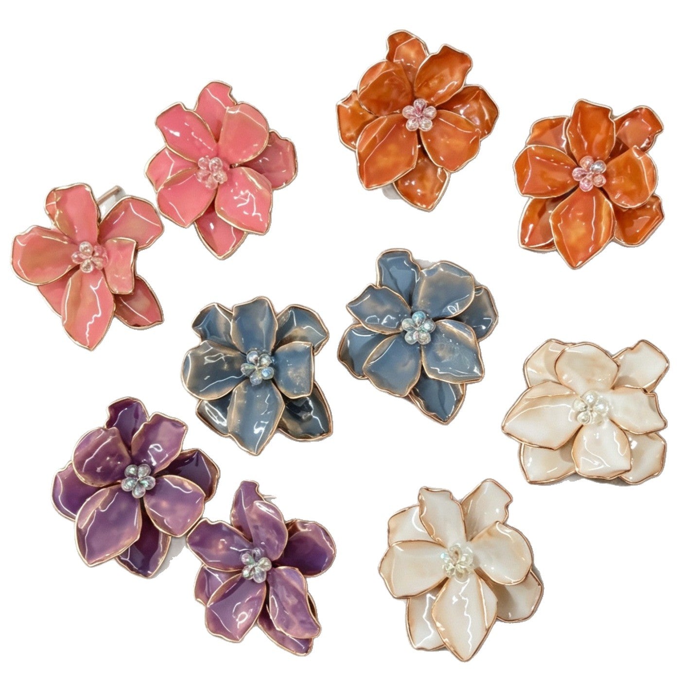 High-key Dignified Three-dimensional Petals Crystal Colorful Flower Earrings