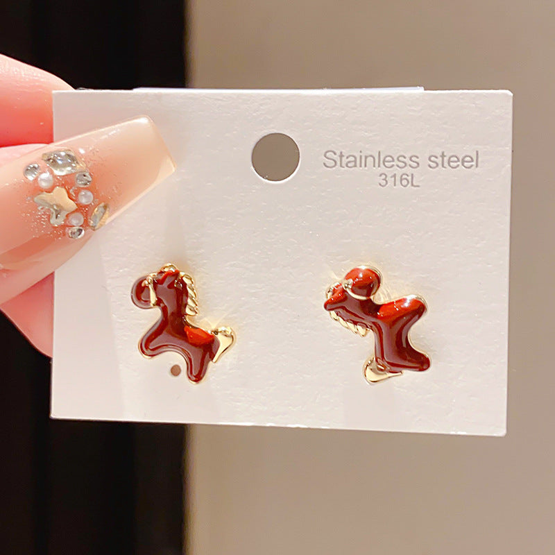 Women's Sier Needle Zircon Life Red Pony Light Luxury Earrings