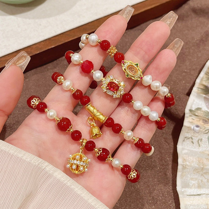 Women's Natural Freshwater Pearl Red Agate Square Bracelets