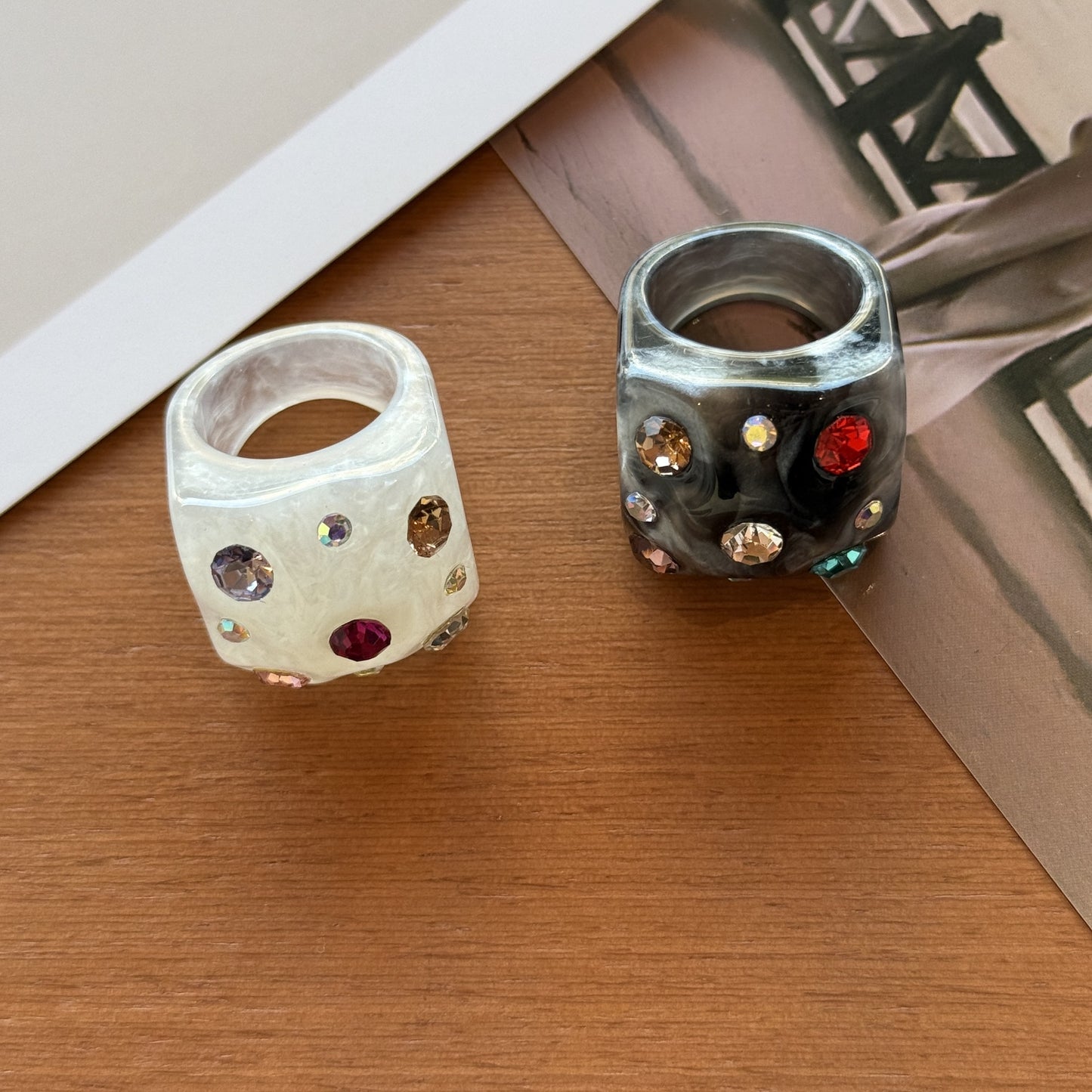 Color Diamond Square Geometric Resin Personality Rings