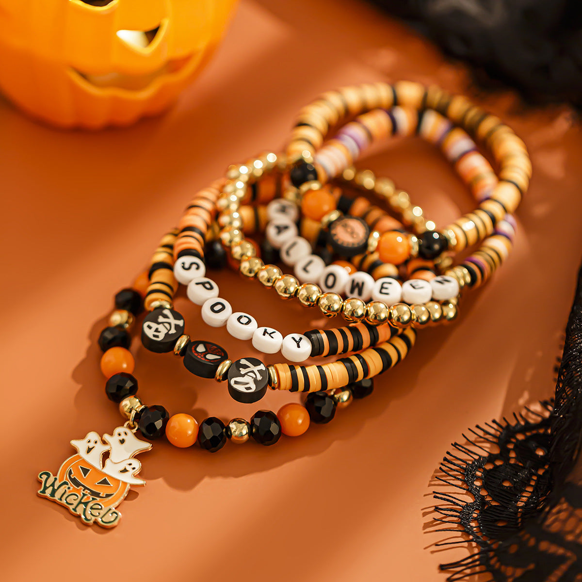 Ornament Halloween Pumpkin Polymer Clay Punk Alloy Bracelets