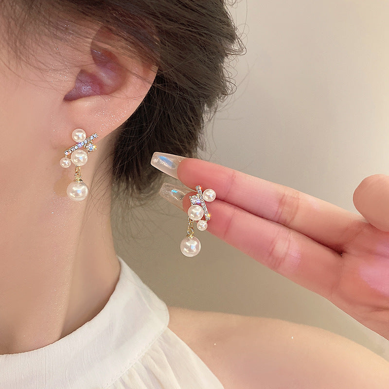 Temperamental Small Pearl Diamond Cross Design Earrings