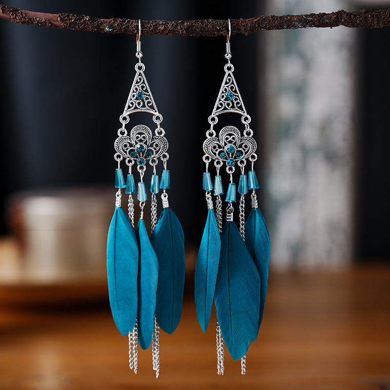 Mid-length Pagoda Crystal Feather Retro Long Upper Lower Stitching Earrings