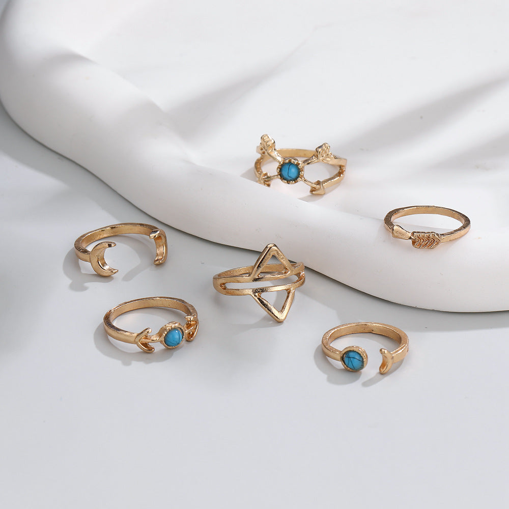 Retro Turquoise Moon Arrow Triangle Hollow Open-end Rings