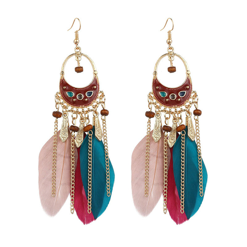 Bohemian Long Feather Personality Chain Vintage Earrings