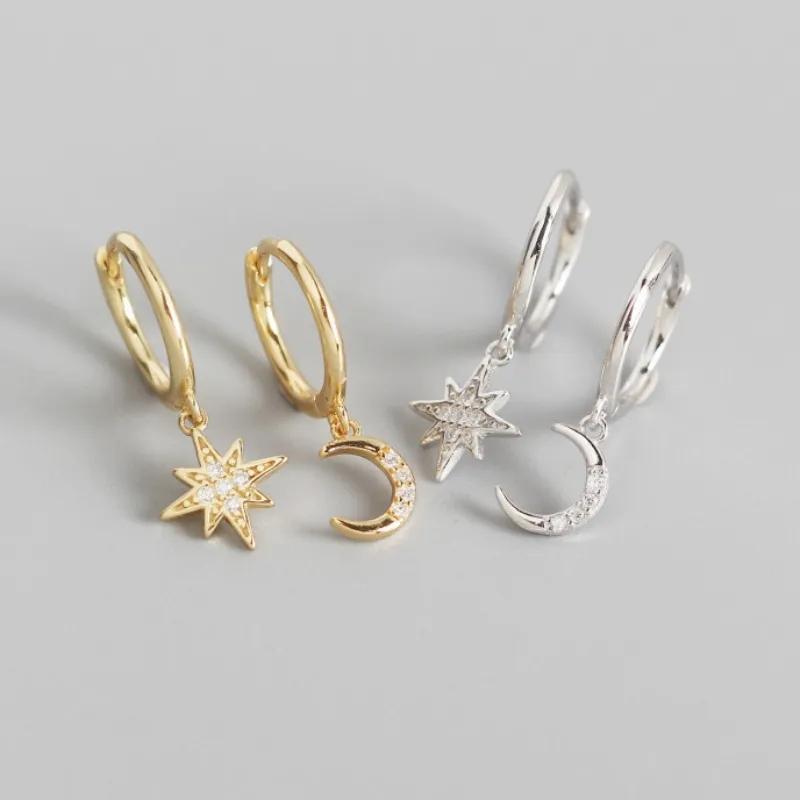 Women's Diamond Star Moon Asymmetric Ear Cold Earrings