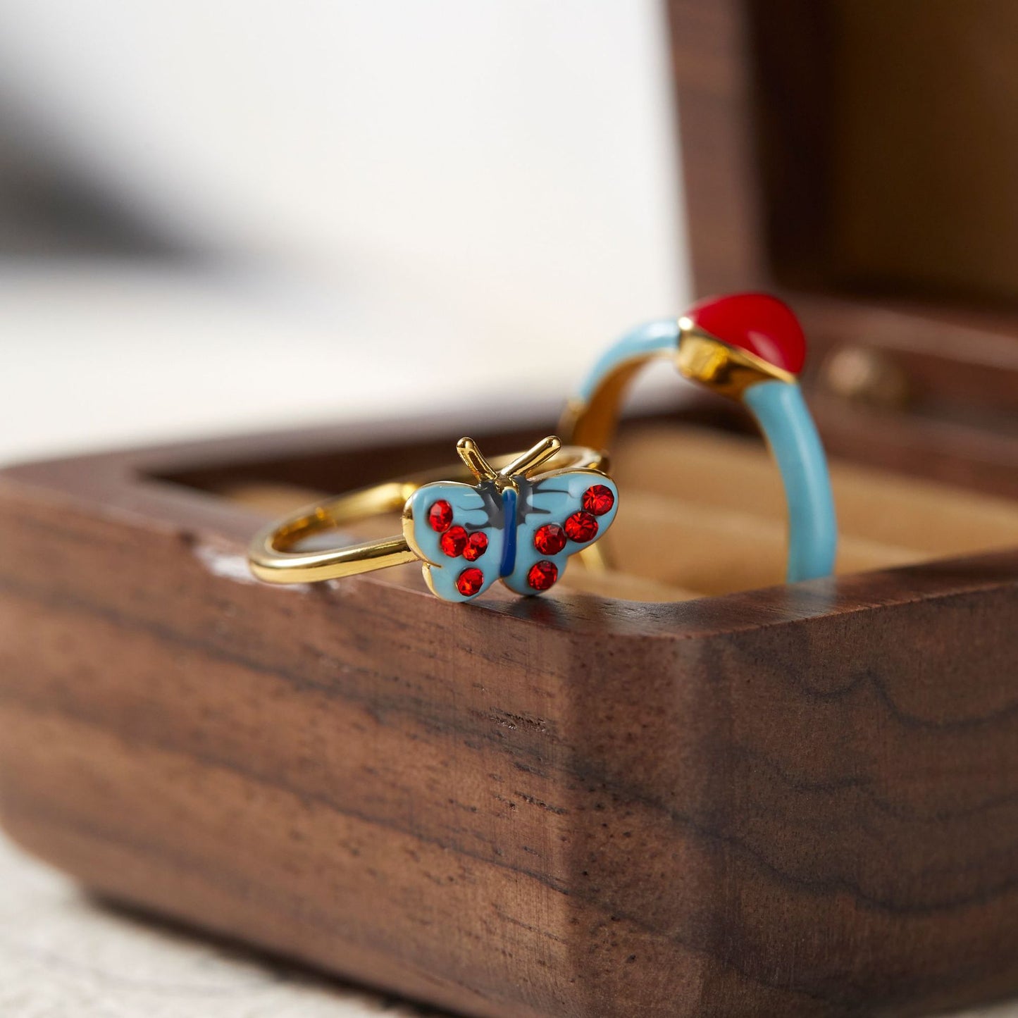 French Retro Blue Red Loving Heart Rings