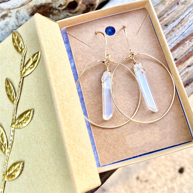 Natural Clear Crystal Raw Hoop Angel Earrings