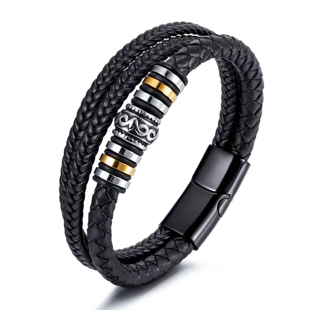 Men's Steel Leather Titanium Magnetic Snap Ethnic Bracelets