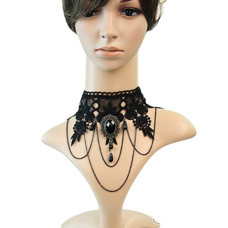 Tassel Pearl Vintage Black Lace Halloween Necklaces