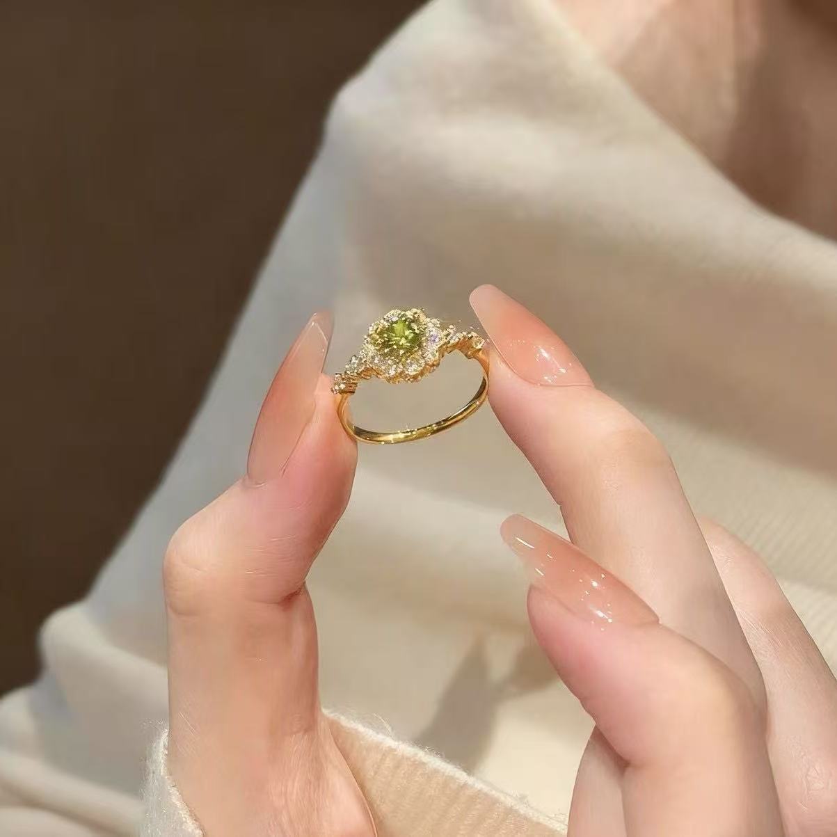 Green Adjustable Female Light Luxury Minority Elegant Simple Ring