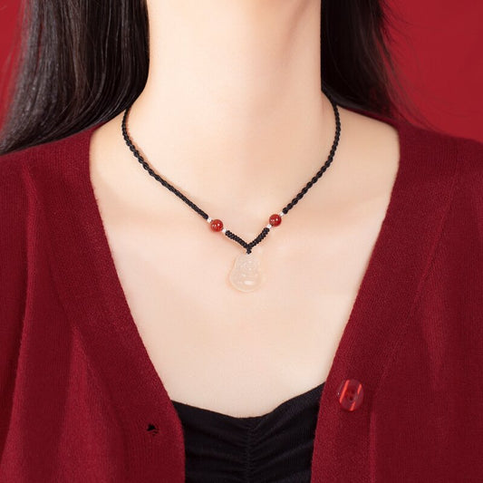 Chalcedony Big Belly Buddha Bodhi Woven Black Rope Necklaces