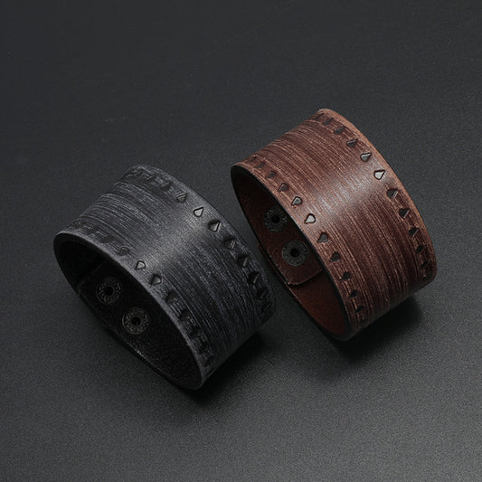 Men's Hip Hop Ear Simple Embossed Retro Distressed Cattle Leather Bracelet