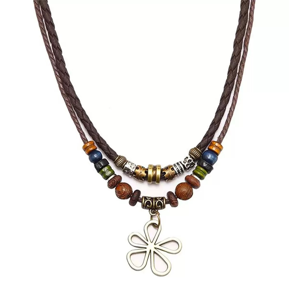 Vintage Ethnic Style Wooden Bead Beaded Flower Bronze Sweater Pendants