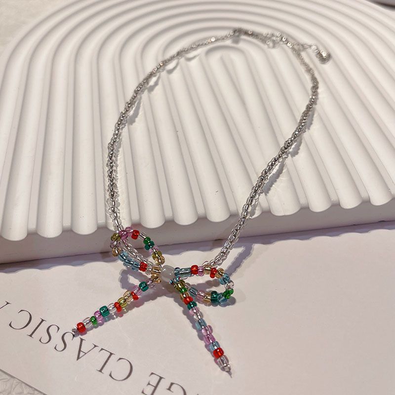 Women's Chain Bow Crystal String Beads Niche Necklaces