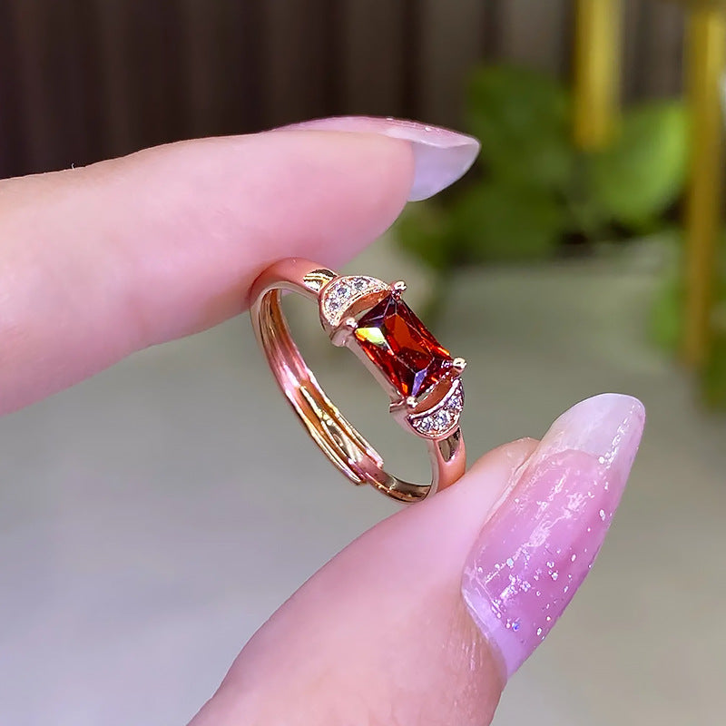 Women's Rectangular Chamfering Imitation Emerald Pigeon Blood Red Treasure Small Rings