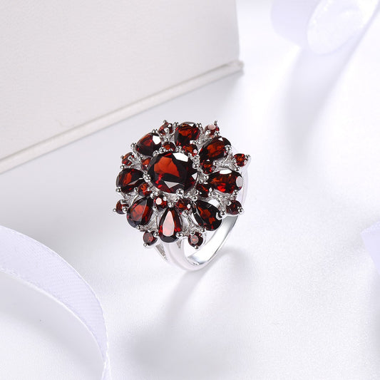 Women's Ornament European Pomegranate Red Zircon Flower Shape Personalized Rings