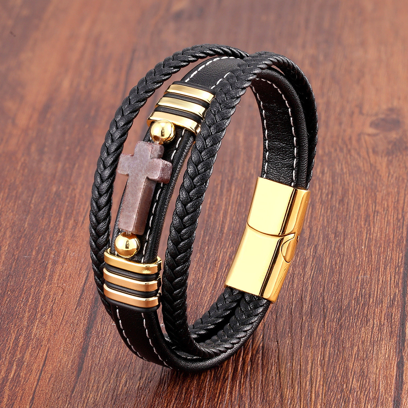 Men's Woven Leather Vintage Stone Cross Stainless Steel Bracelet