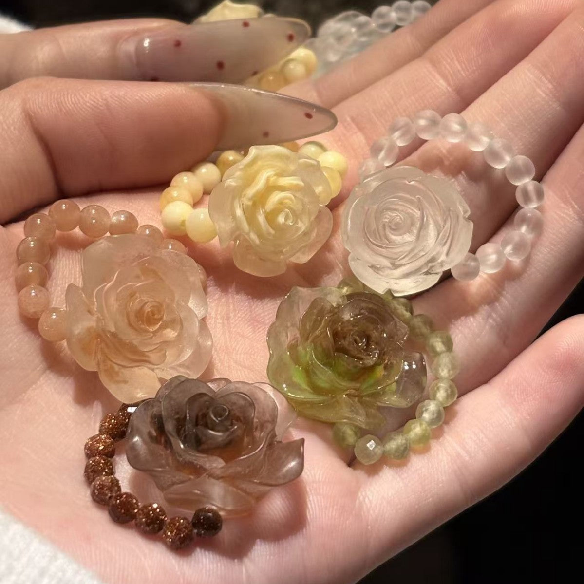Orange Moonlight Resin Camellia Handmade Beaded Crystal Elastic String Exquisite Ring
