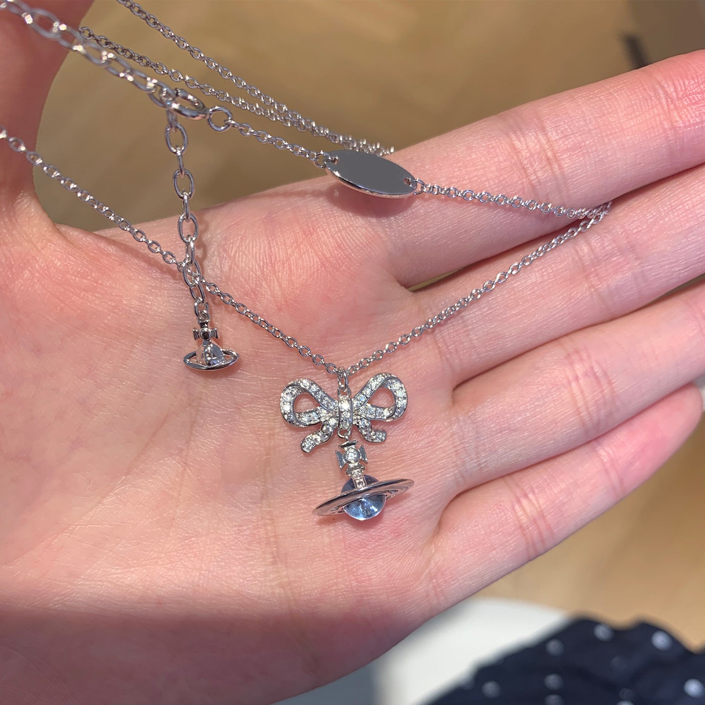 Glacier Blue Bowknot Planet Sier Girlish Style Necklaces