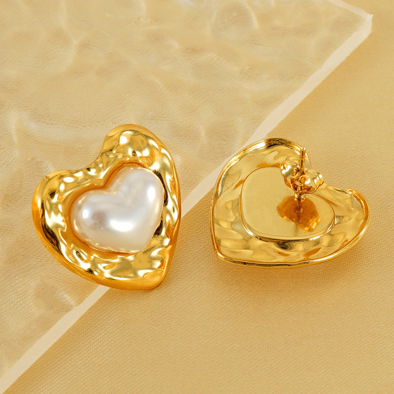 Entry Lux Love Oval Titanium Steel Fashion Pearl Pleated Earrings