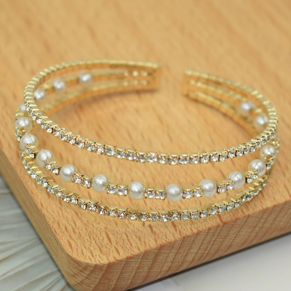 Popular Elegant Rhinestone Pearl Opening Sier-plated Bracelet
