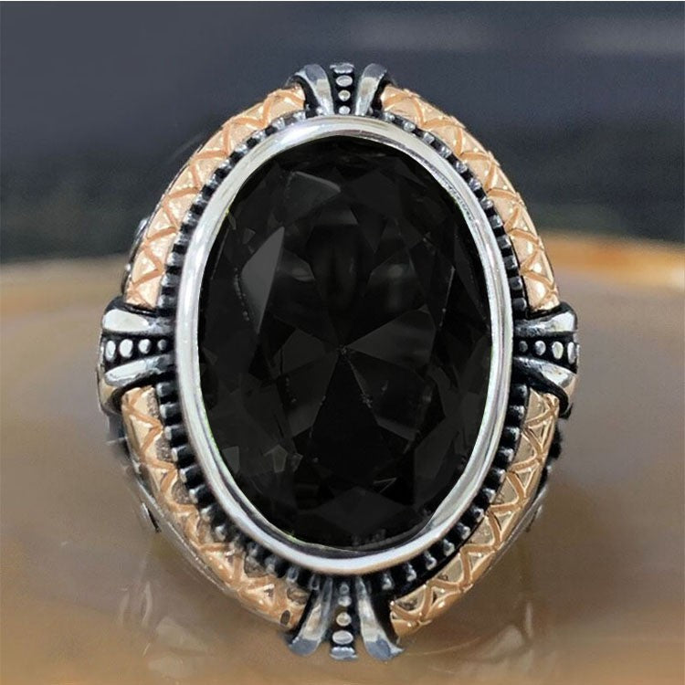 Personality Retro Two-tone Man's Black Agate Rings