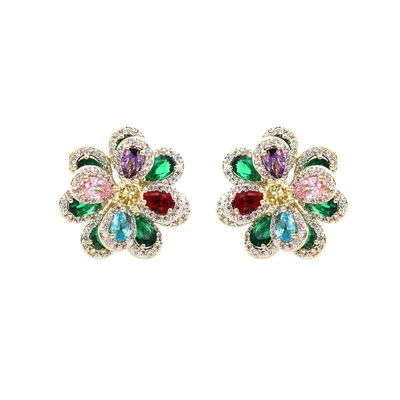 Women's Sier Pin Elegant Color Zircon Flower Earrings